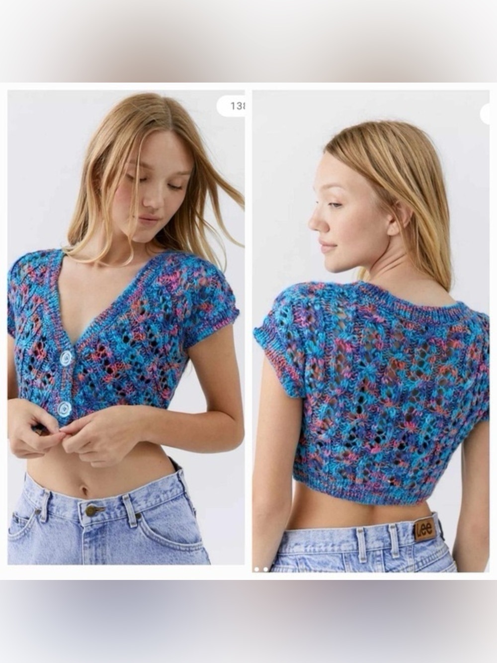 Urban Outfitters Blue Multi Open-Weave Cropped Cardigan